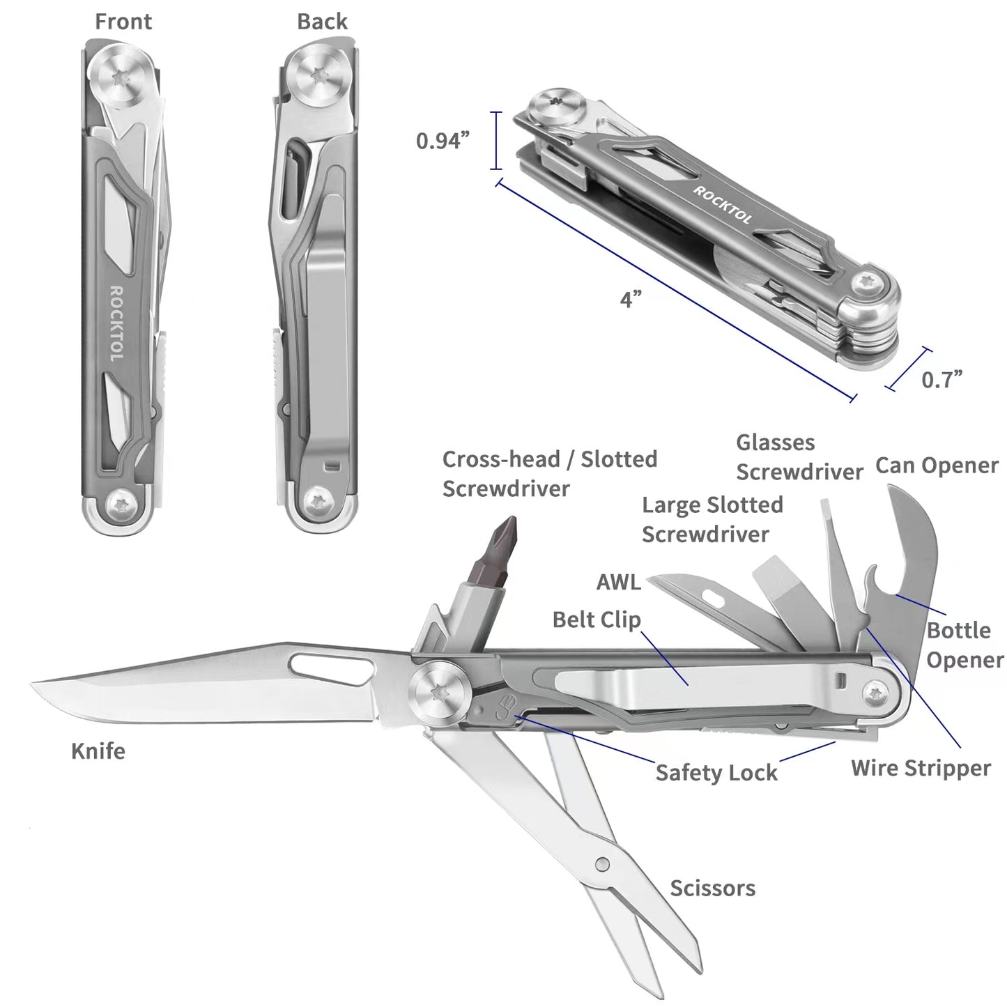 ROCKTOL Folding Pocket Knife, 12-in-1 Stainless Steel Multitool Knife with Titanium-Plated Handle, Pocket Clip for Camping, Hiking, Survival