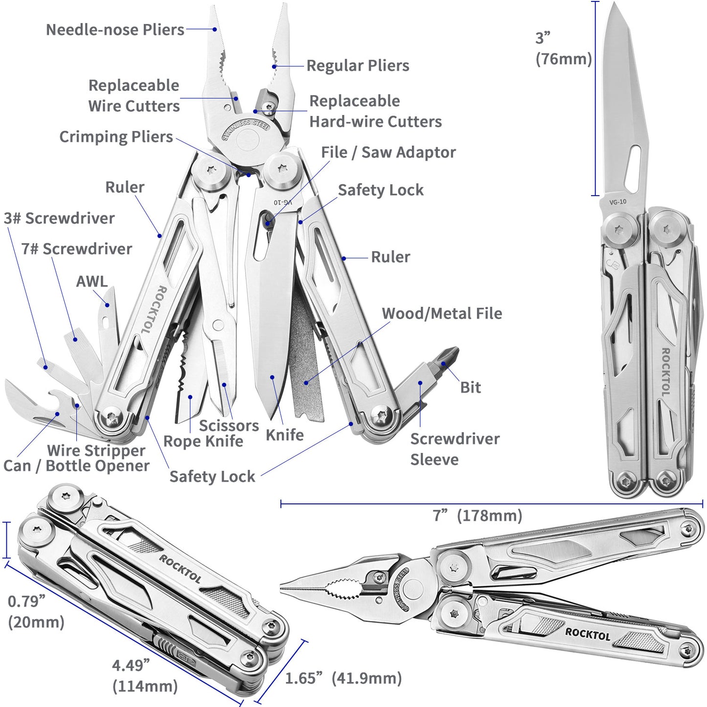 ROCKTOL SK05VG Multitool Pliers, 29-in-1 Heavy-duty Stainless Steel Multi Tool Set with VG-10 Blade, Replaceable Wire Cutters and Saw Nylon Sheath for Camping Survival Repair