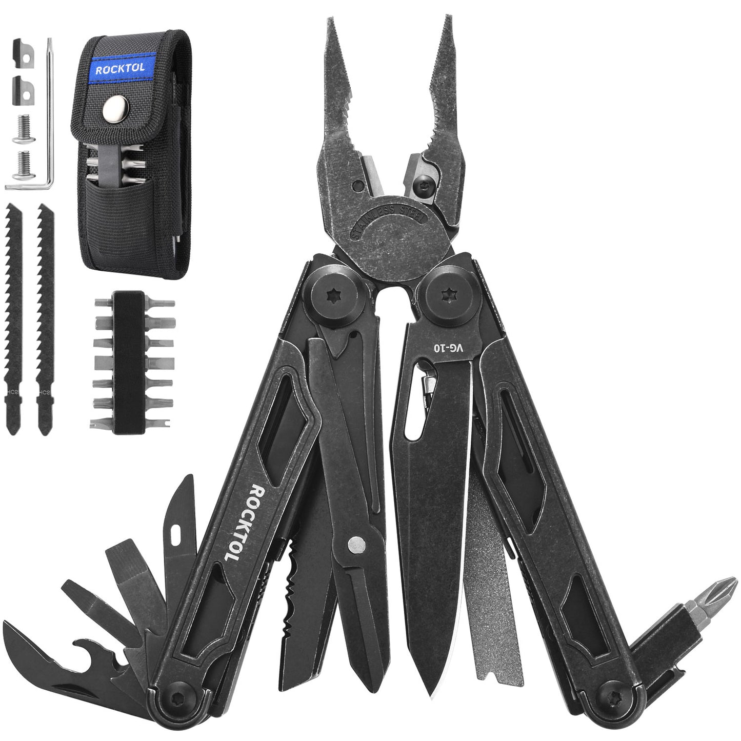ROCKTOL SK05VGB Retro-Black Multitool Pliers, 29-in-1 Heavy-duty Stainless Steel Multi Tool Set with VG-10 Blade, Replaceable Wire Cutters and Saw Nylon Sheath for Camping Survival Repair