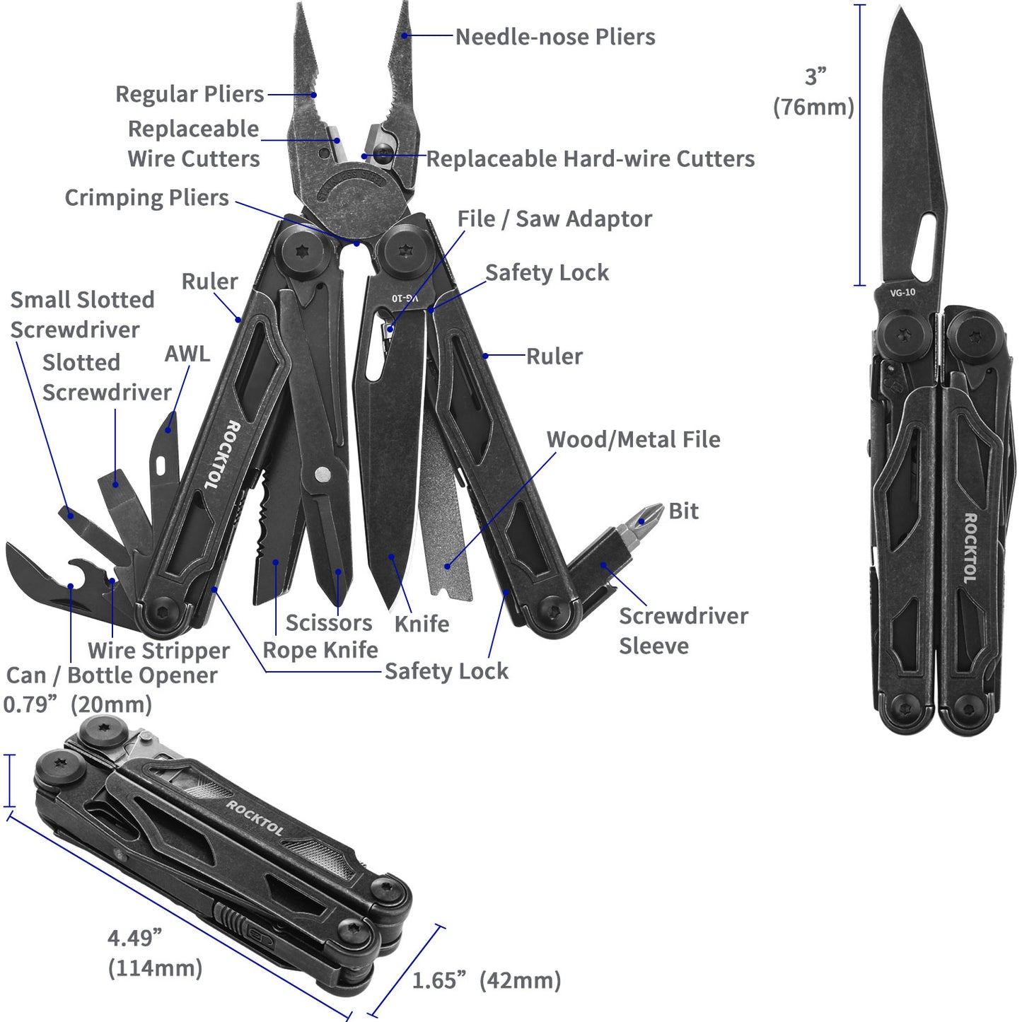 ROCKTOL SK05VGB Retro-Black Multitool Pliers, 29-in-1 Heavy-duty Stainless Steel Multi Tool Set with VG-10 Blade, Replaceable Wire Cutters and Saw Nylon Sheath for Camping Survival Repair
