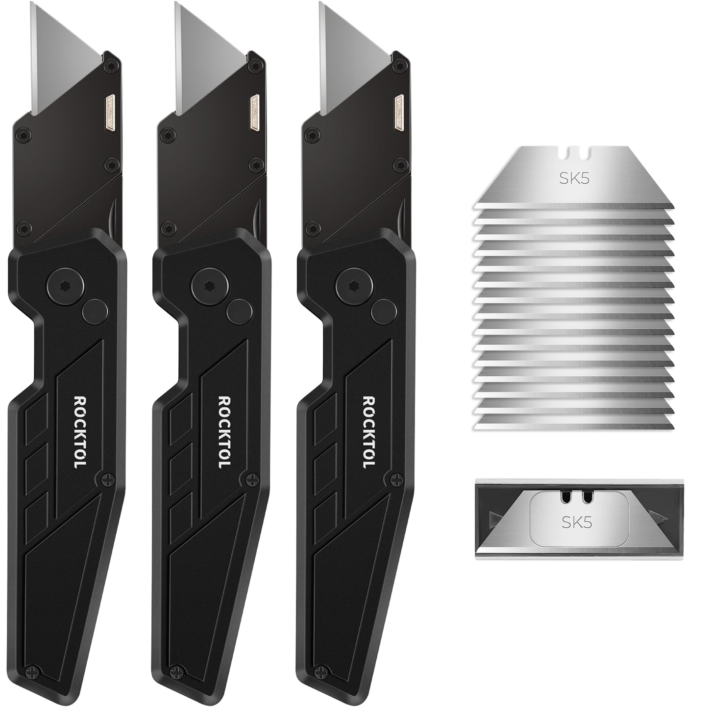 ROCKTOL 3-Pack Folding Utility Knives with Stainless Steel Head, Lightweight Reinforced Handle, Quick-change Blade, Button Lock, with Extra 15PC SK5 Blades