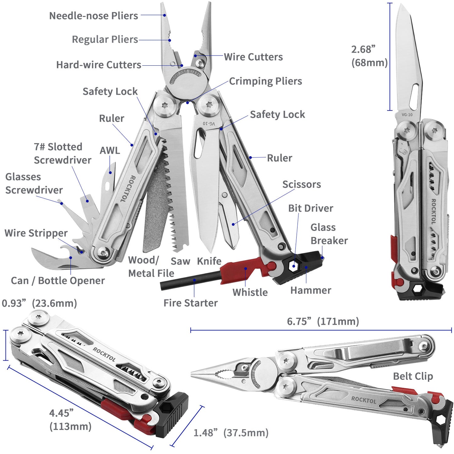 ROCKTOL SK04VG 22-in-1 Camping Multitool Pliers with VG-10 Blade,Fire Starter Emergency Whistle Glass Breaker Nylon Sheath Safety Locking for Survival, Camping, Hunting, Hiking