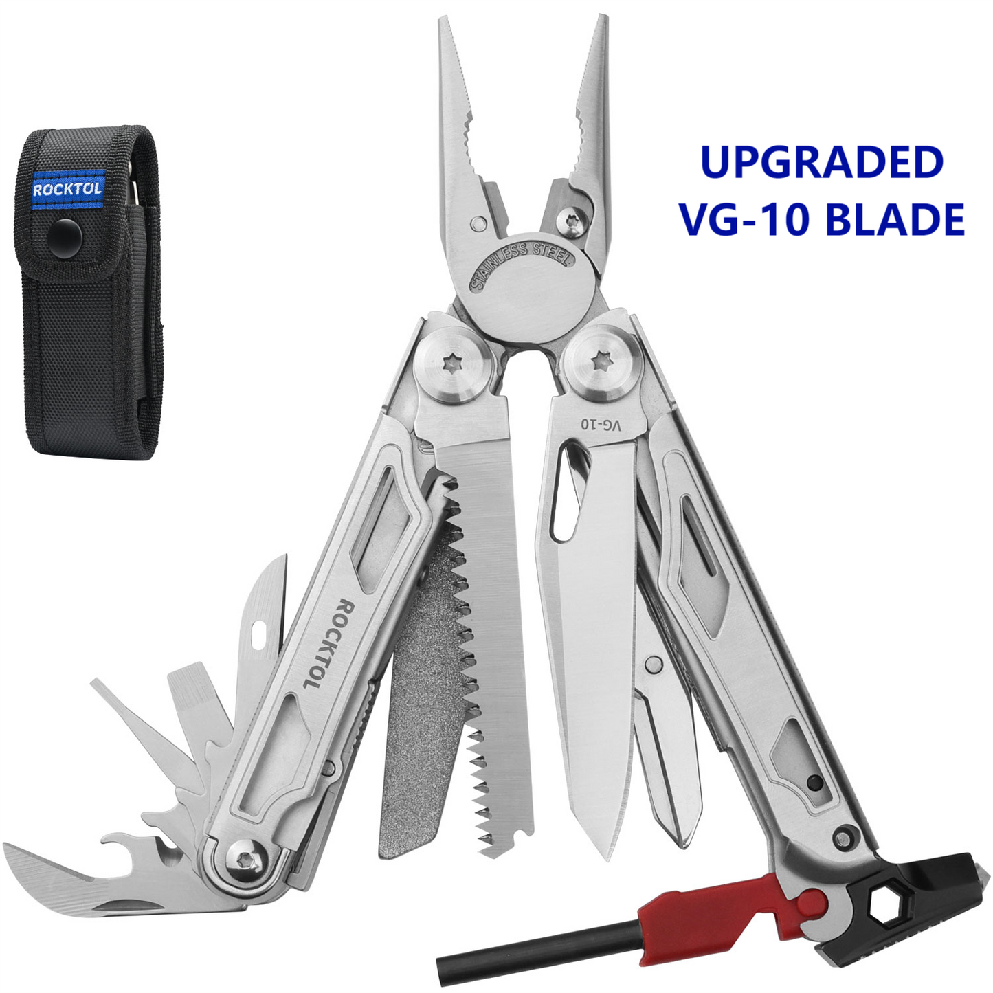 ROCKTOL SK04VG 22-in-1 Camping Multitool Pliers with VG-10 Blade,Fire Starter Emergency Whistle Glass Breaker Nylon Sheath Safety Locking for Survival, Camping, Hunting, Hiking