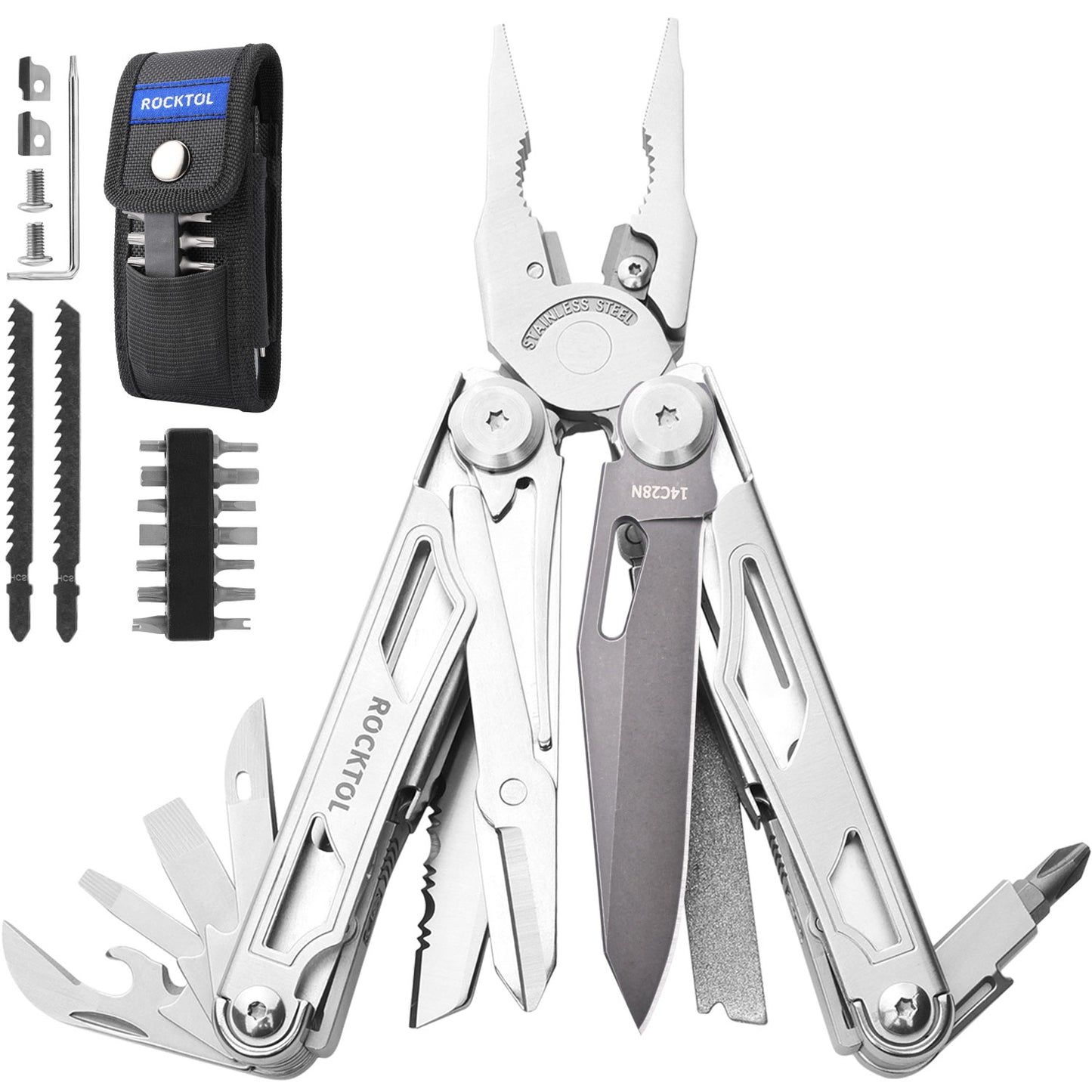 ROCKTOL SK05 Multitool 14C28N Blade, 29-in-1 Multitool Pliers with Replaceable Wire Cutters and Saw, Heavy-duty Stainless Steel Multi-tool Set and Nylon Sheath for Camping Survival multi tool