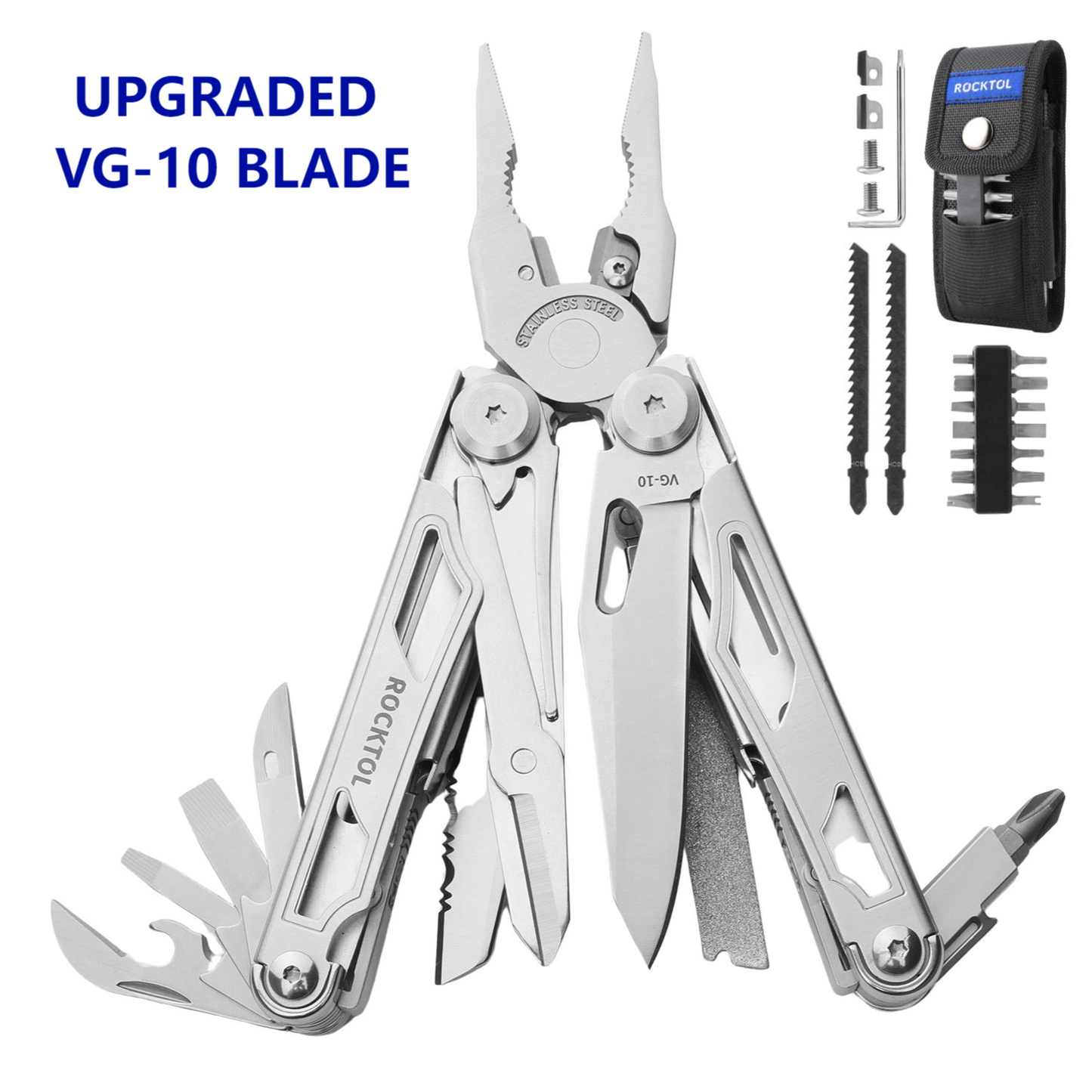 ROCKTOL SK05VG Multitool Pliers, 29-in-1 Heavy-duty Stainless Steel Multi Tool Set with VG-10 Blade, Replaceable Wire Cutters and Saw Nylon Sheath for Camping Survival Repair