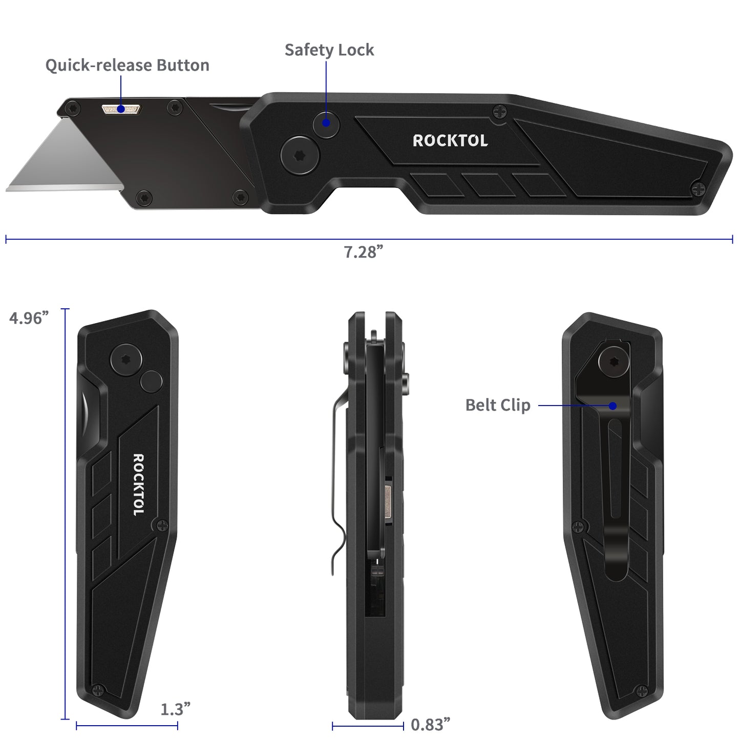 ROCKTOL 3-Pack Folding Utility Knives with Stainless Steel Head, Lightweight Reinforced Handle, Quick-change Blade, Button Lock, with Extra 15PC SK5 Blades