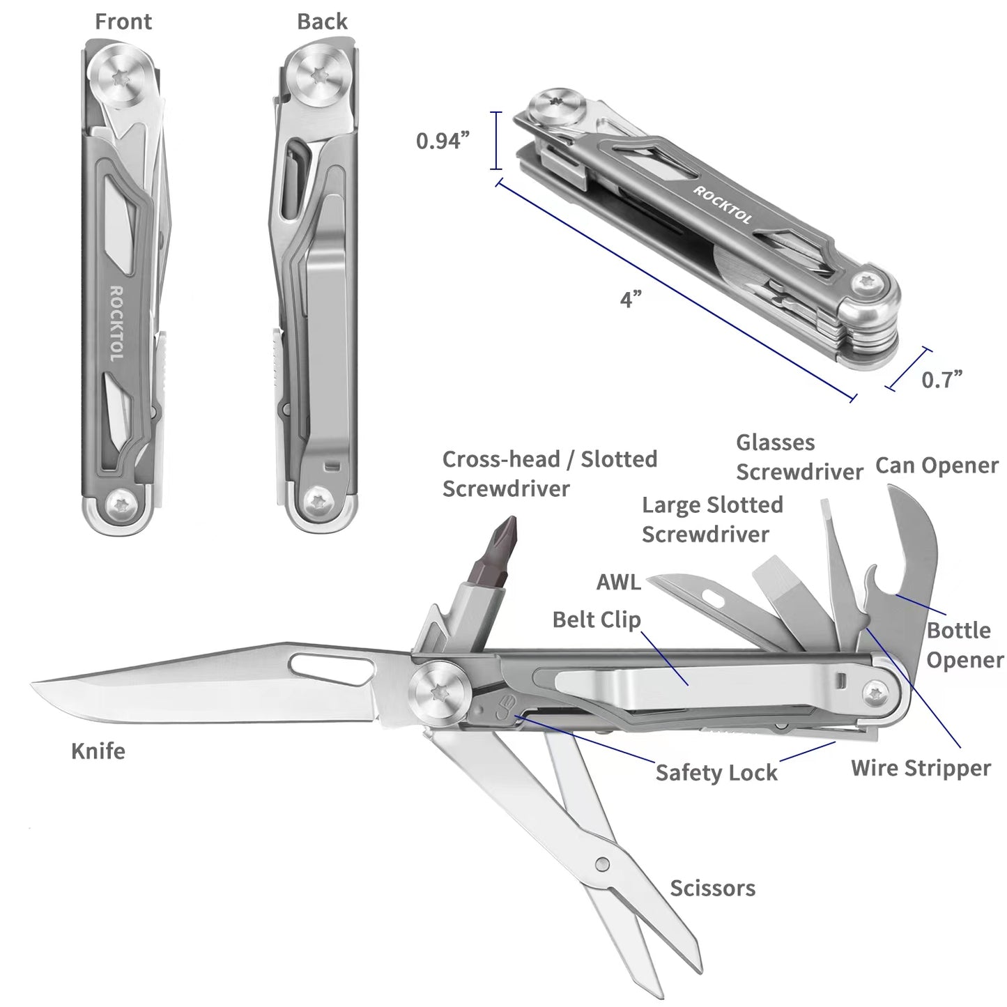 ROCKTOL Folding Pocket Knife, 12-in-1 Multitool Knife with Titanium-Plated Handle, Pocket Clip for Camping, Hiking, Survival （7Cr17 Blade））