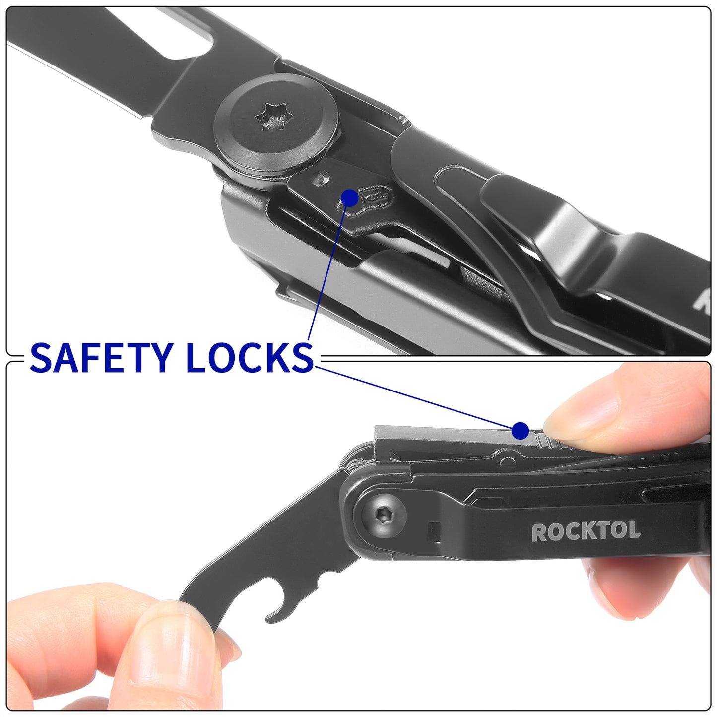 ROCKTOL Black Multitool Knife, 12-in-1 Multi-tool Knife with 2.68” Pocket Knife and Leather Sheath, Spring-loaded Scissors for Camping,Hiking,Survival (7Cr17 Blade)