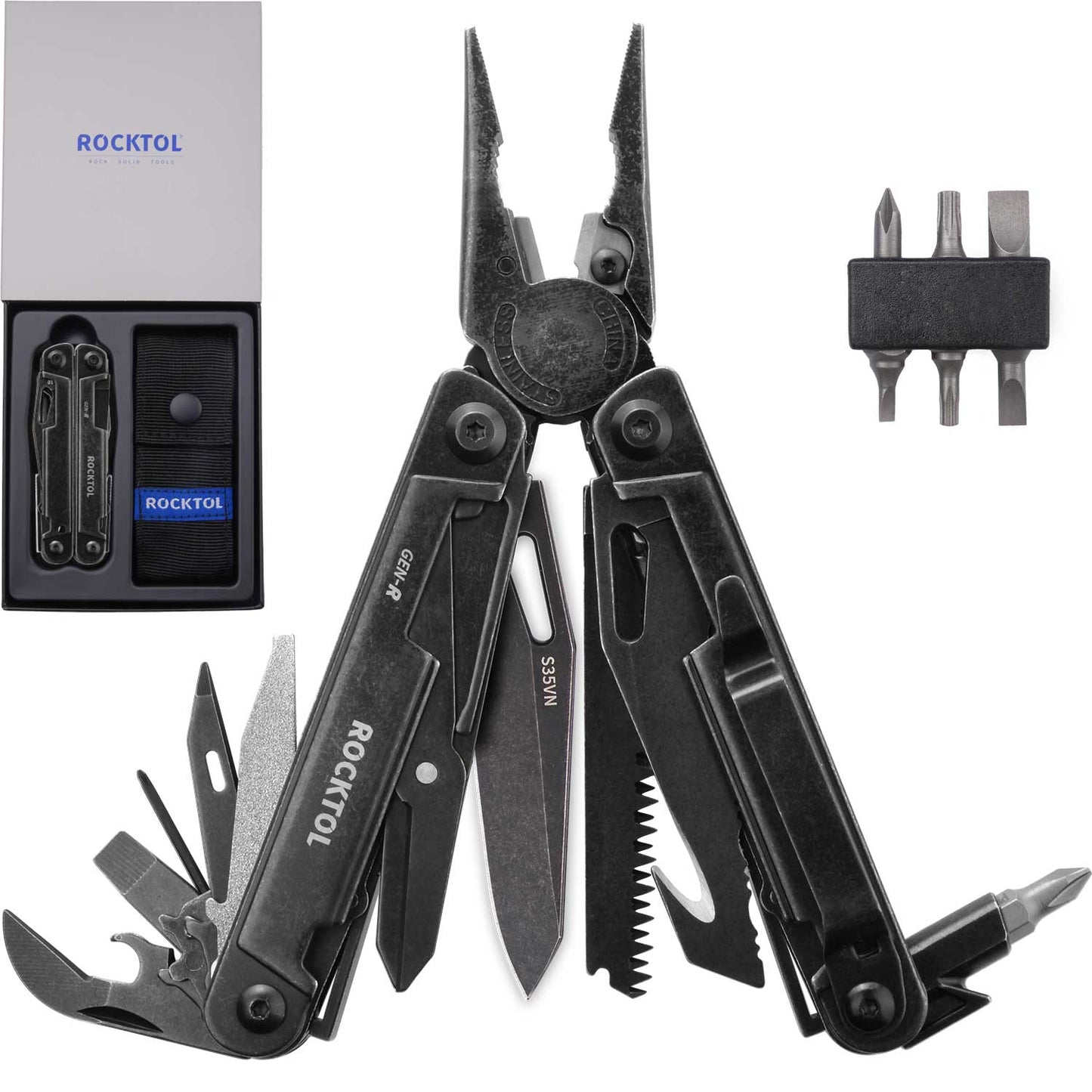 NEW! ROCKTOL GEN-R Retro Black Multitool with S35VN Knife Blade 27-in-1 Multi-tool Gut Hook Blade Large Scissors for Backpacking,Hiking,Camping