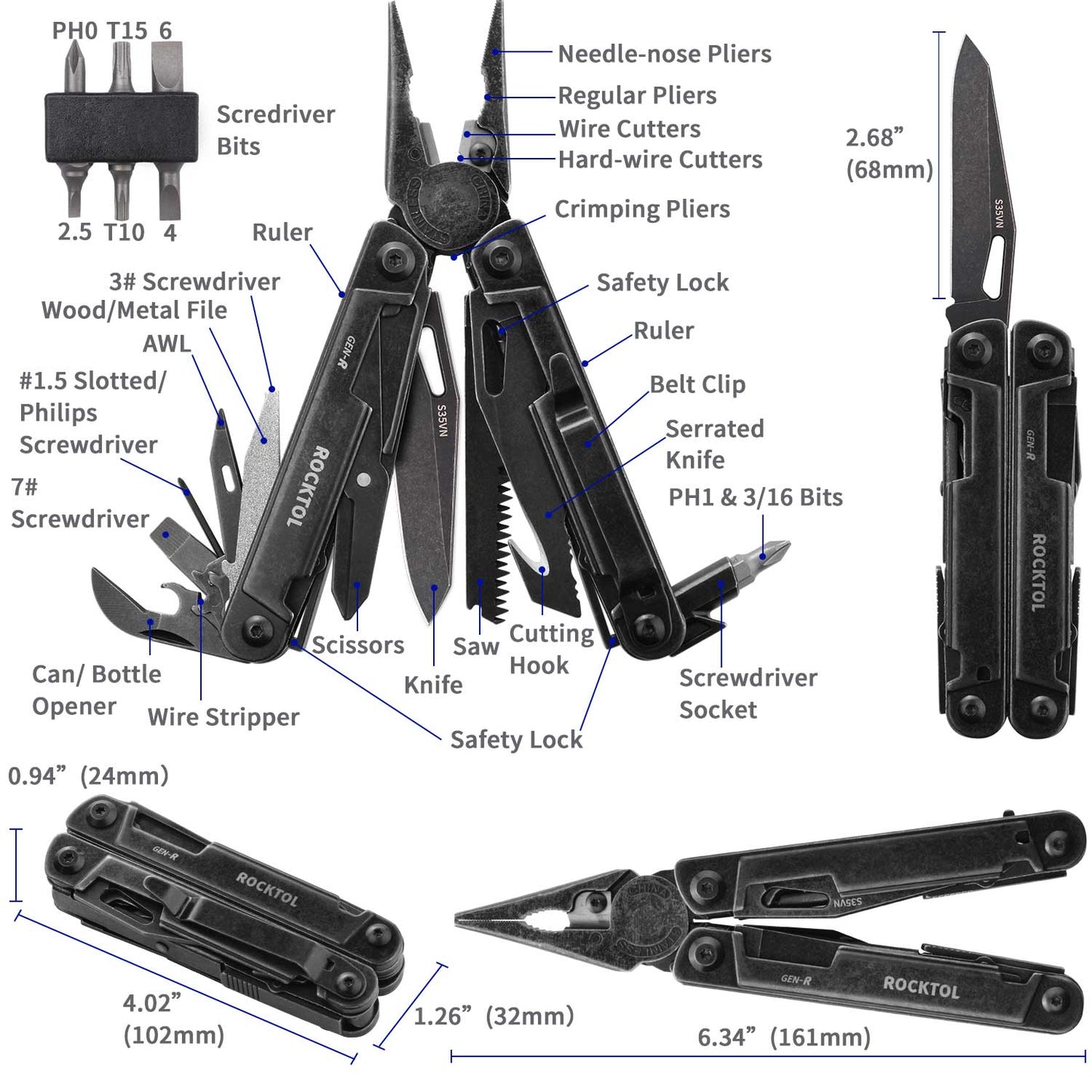 NEW! ROCKTOL GEN-R Retro Black Multitool with S35VN Knife Blade 27-in-1 Multi-tool Gut Hook Blade Large Scissors for Backpacking,Hiking,Camping
