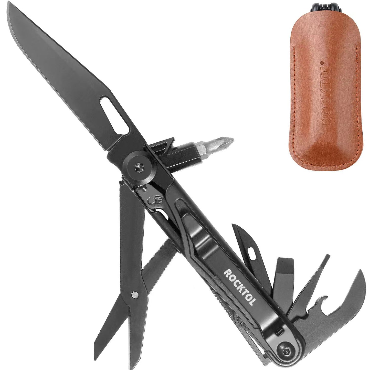 ROCKTOL Black Multitool Knife, 12-in-1 Multi-tool Knife with 2.68” Pocket Knife and Leather Sheath, Spring-loaded Scissors for Camping,Hiking,Survival (7Cr17 Blade)