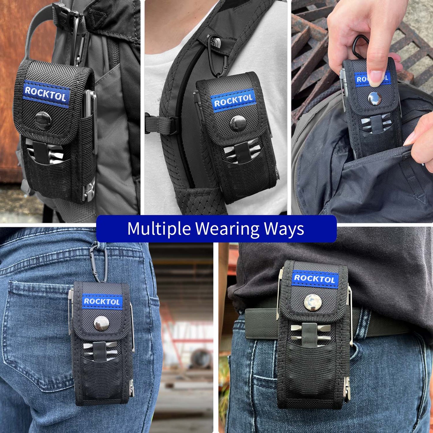 Funda multiherramienta ROCKTOL para cinturón, bolsa EDC de nailon con 4 bolsillos, bolsa para herramientas multiherramienta, navaja de bolsillo, bolígrafo táctico, linterna