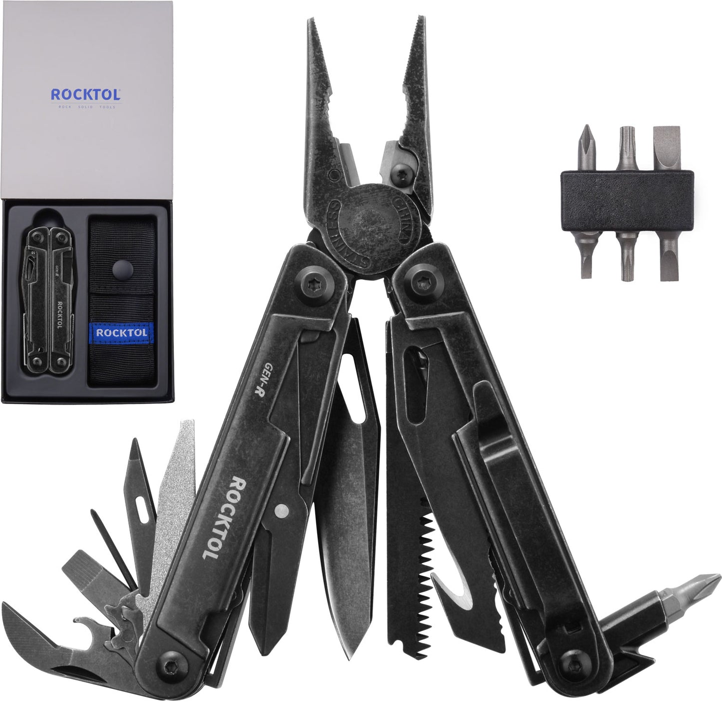 NEW! ROCKTOL GEN-R Retro Black Multitool with VG-10 Knife Blade 27-in-1 Multi-tool Gut Hook Blade Large Scissors for Backpacking,Hiking,Camping