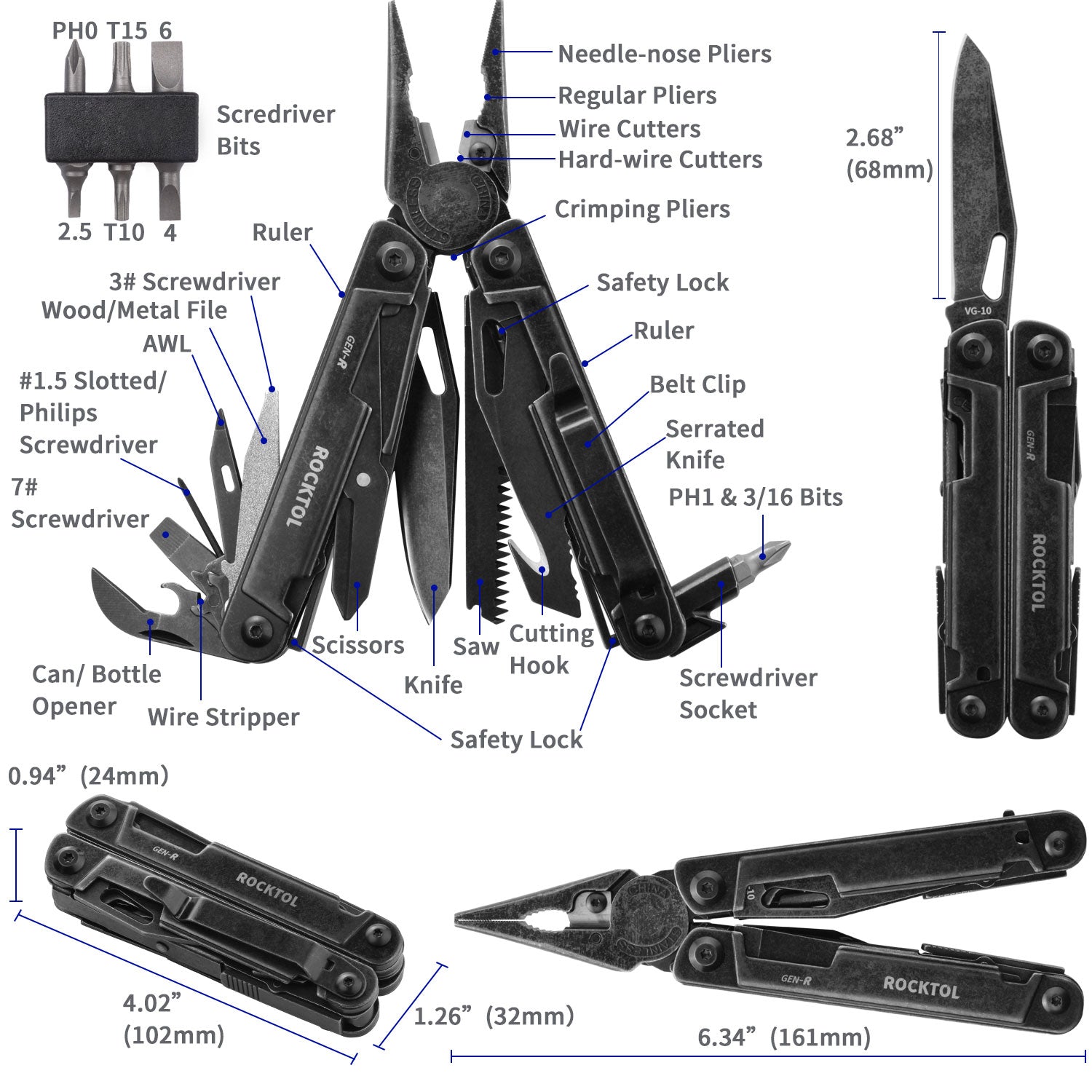 洋楽 OWL Rockt! NEW! ROCKTOL GEN-R Retro Black Multitool with VG-10 Knife Blade 27