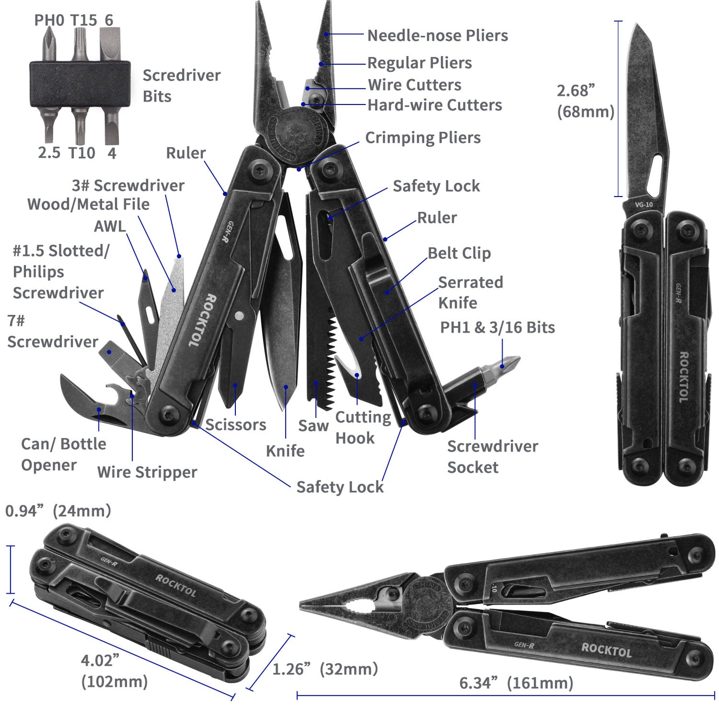 NEW! ROCKTOL GEN-R Retro Black Multitool with VG-10 Knife Blade 27-in-1 Multi-tool Gut Hook Blade Large Scissors for Backpacking,Hiking,Camping