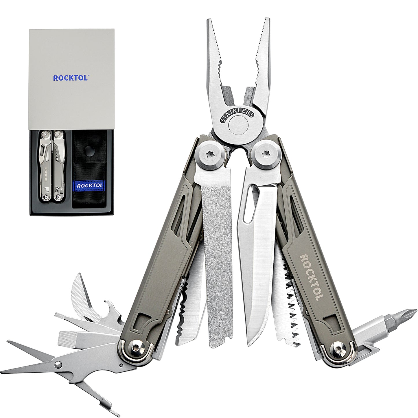 Alicates multiherramienta ROCKTOL 19 en 1 de acero inoxidable, mango chapado en titanio, funda de nailon, cierre de seguridad, herramienta EDC ligera para supervivencia al aire libre, camping, caza y senderismo. 