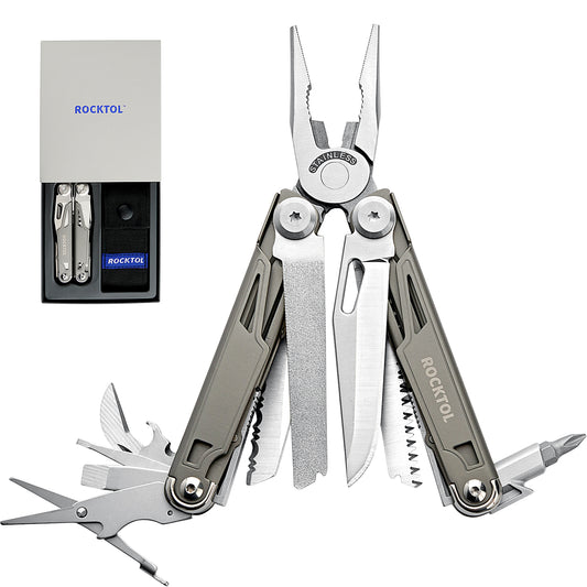 Alicates multiherramienta ROCKTOL 19 en 1 de acero inoxidable, mango chapado en titanio, funda de nailon, cierre de seguridad, herramienta EDC ligera para supervivencia al aire libre, camping, caza y senderismo. 