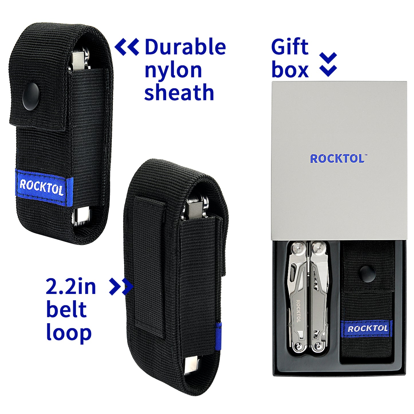 Alicates multiherramienta ROCKTOL 19 en 1 de acero inoxidable, mango chapado en titanio, funda de nailon, cierre de seguridad, herramienta EDC ligera para supervivencia al aire libre, camping, caza y senderismo. 