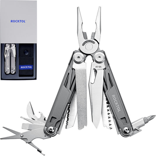 Alicates multiherramienta ROCKTOL 19 en 1 de acero inoxidable, mango chapado en titanio, funda de nailon, cierre de seguridad, herramienta EDC ligera para supervivencia al aire libre, camping, caza y senderismo. 