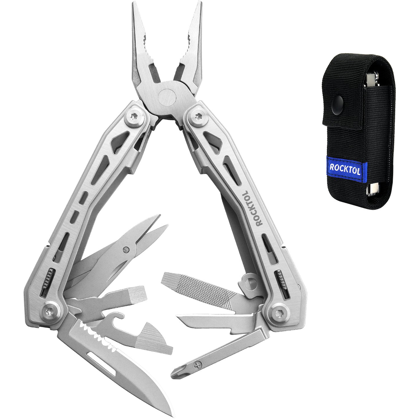 Multiherramienta ROCKTOL con clip de bolsillo, alicates multiherramienta 16 en 1 de acero inoxidable, kit de herramientas compacto y ligero para senderismo, viajes y acampadas.