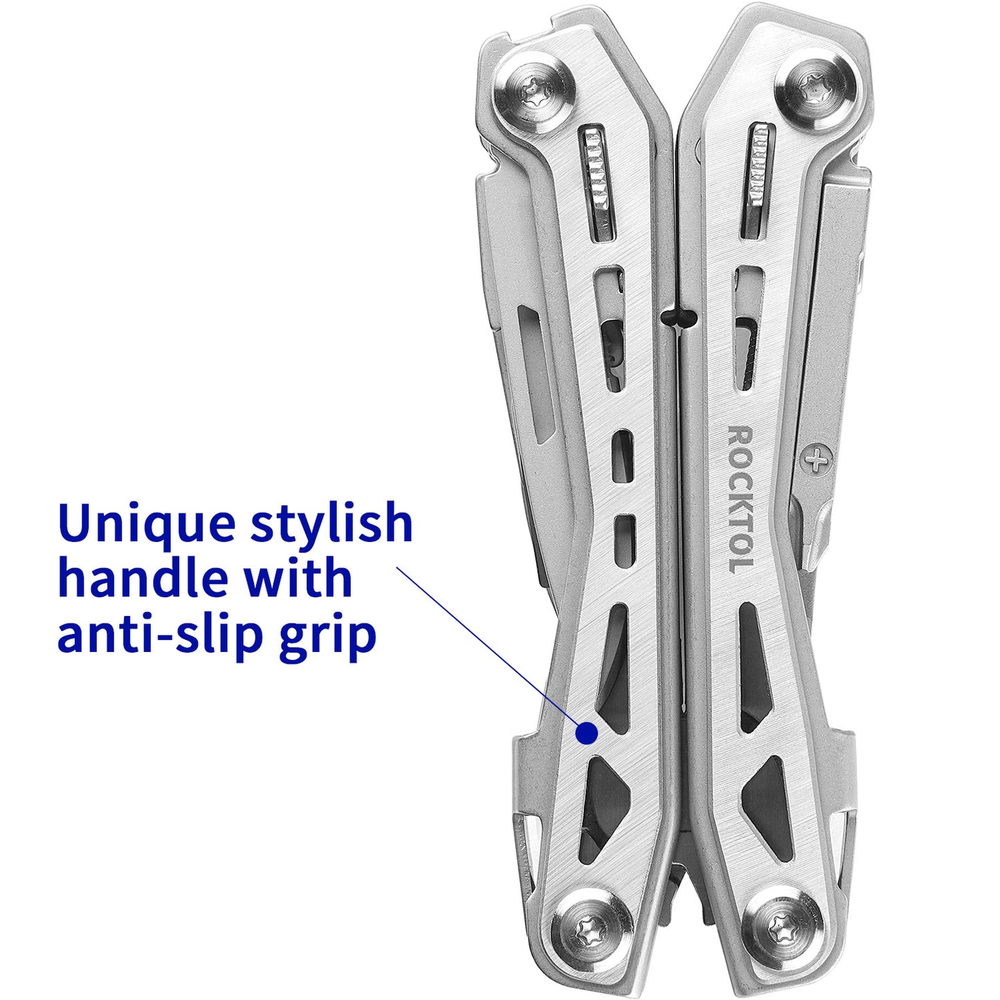 Multiherramienta ROCKTOL con clip de bolsillo, alicates multiherramienta 16 en 1 de acero inoxidable, kit de herramientas compacto y ligero para senderismo, viajes y acampadas.