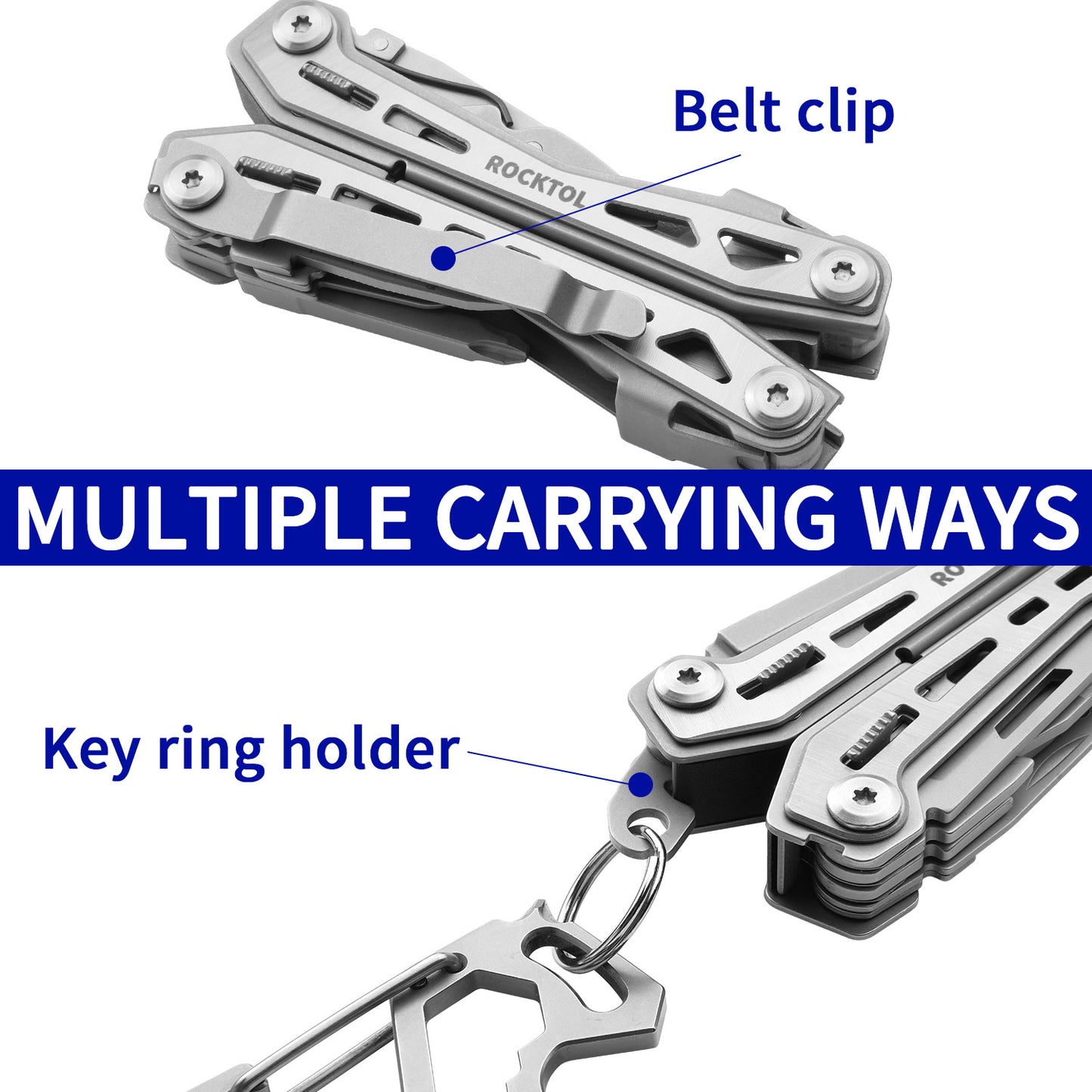 Multiherramienta ROCKTOL con clip de bolsillo, alicates multiherramienta 16 en 1 de acero inoxidable, kit de herramientas compacto y ligero para senderismo, viajes y acampadas.