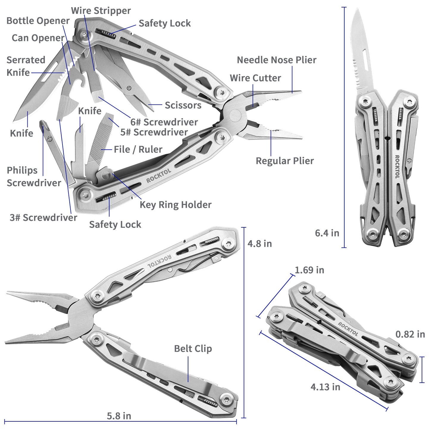 Multiherramienta ROCKTOL con clip de bolsillo, alicates multiherramienta 16 en 1 de acero inoxidable, kit de herramientas compacto y ligero para senderismo, viajes y acampadas.