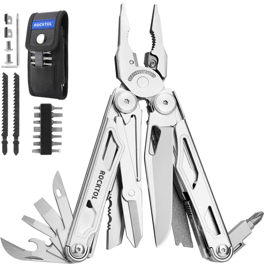 Alicates multiherramienta ROCKTOL, 29 en 1, de acero inoxidable de alta resistencia, con cortadores de alambre reemplazables y funda de nailon para sierra, ideal para reparaciones de supervivencia en campamentos (hoja 7Cr17)