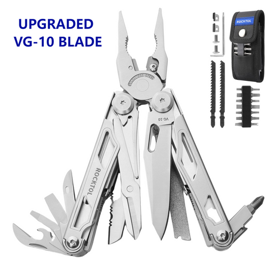 Alicates multiherramienta ROCKTOL, 29 en 1, de acero inoxidable de alta resistencia, con cortadores de alambre reemplazables y funda de nailon para sierra, ideal para reparaciones de supervivencia en campamentos (hoja 7Cr17)