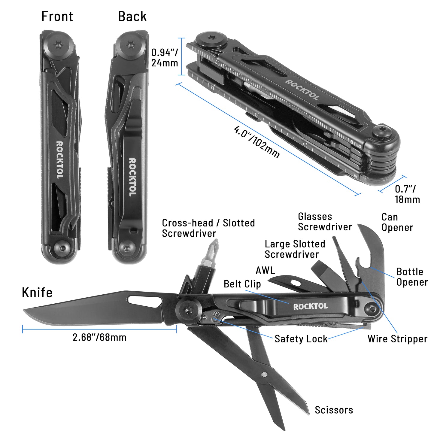 ROCKTOL Black Multitool Knife, 12-in-1 Multi-tool Knife with 2.68” Pocket Knife and Leather Sheath, Spring-loaded Scissors for Camping,Hiking,Survival (7Cr17 Blade)