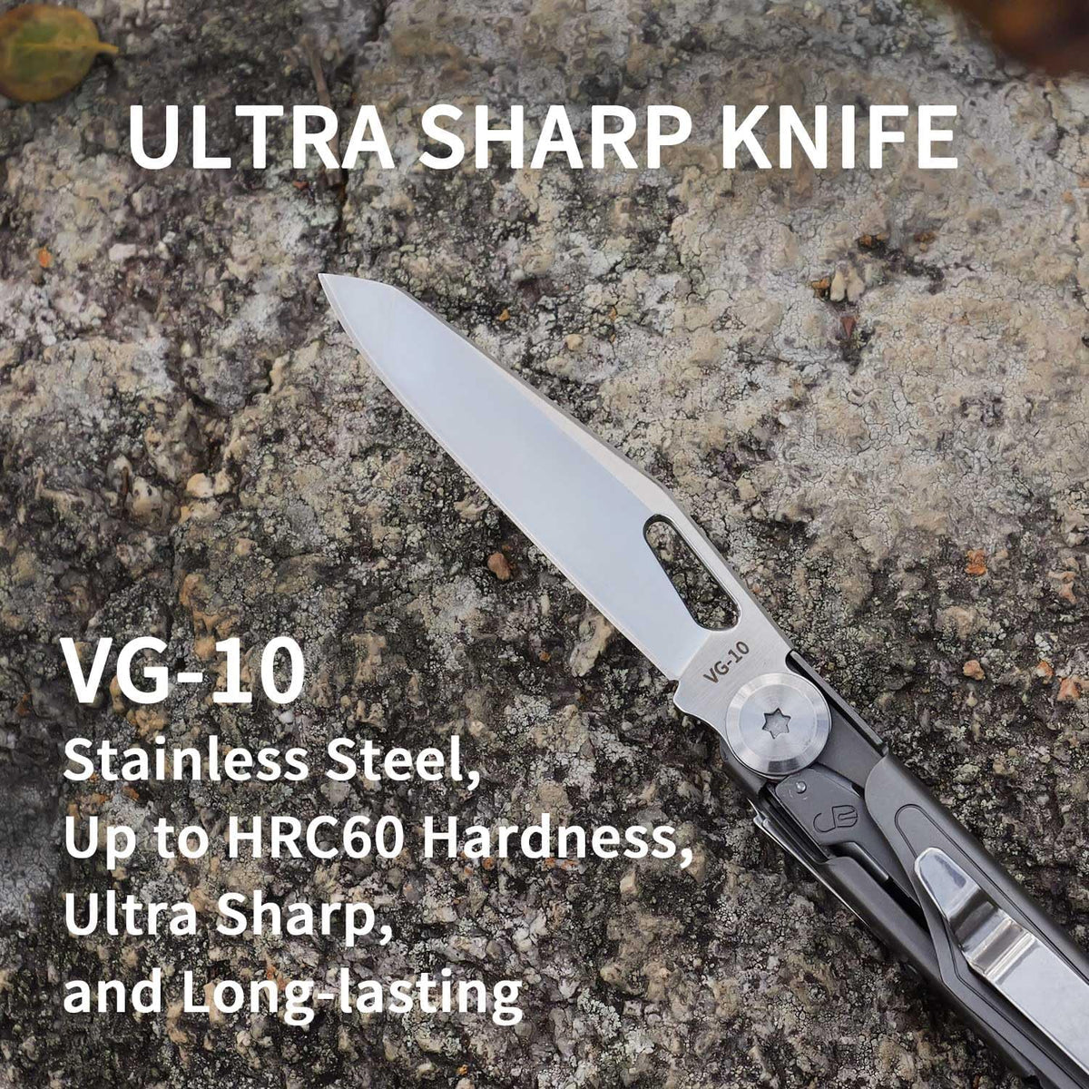 ROCKTOL Folding Pocket Knife, 12-in-1 Multitool with VG-10 Blade, Titanium-Plated Handle, Pocket Clip for Camping, Hiking, Survival (ST02VG)