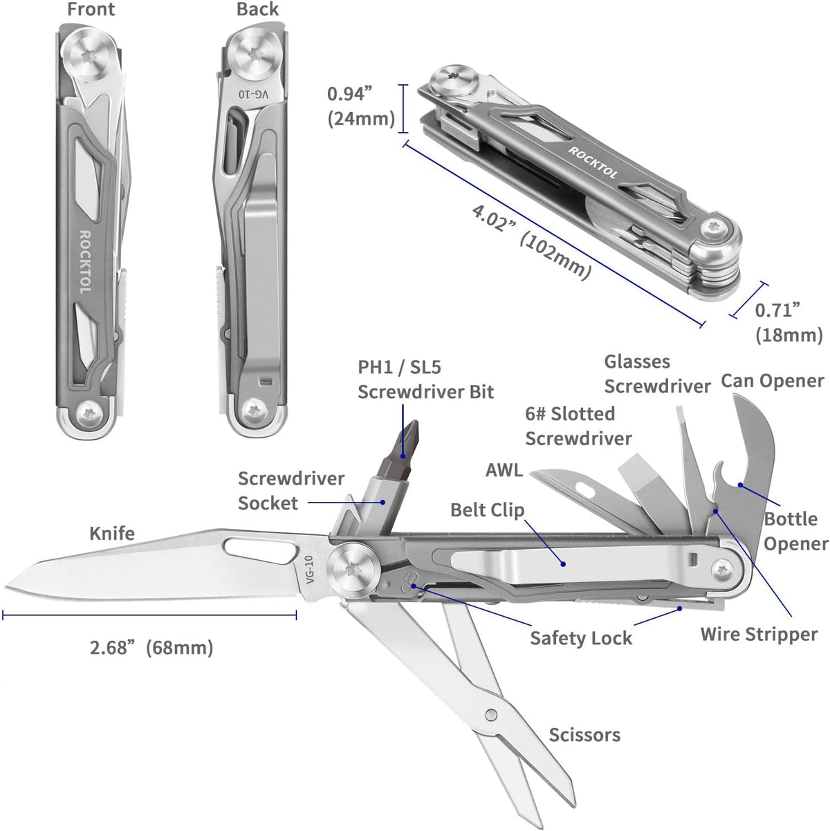 ROCKTOL Folding Pocket Knife, 12-in-1 Multitool with VG-10 Blade, Titanium-Plated Handle, Pocket Clip for Camping, Hiking, Survival (ST02VG)